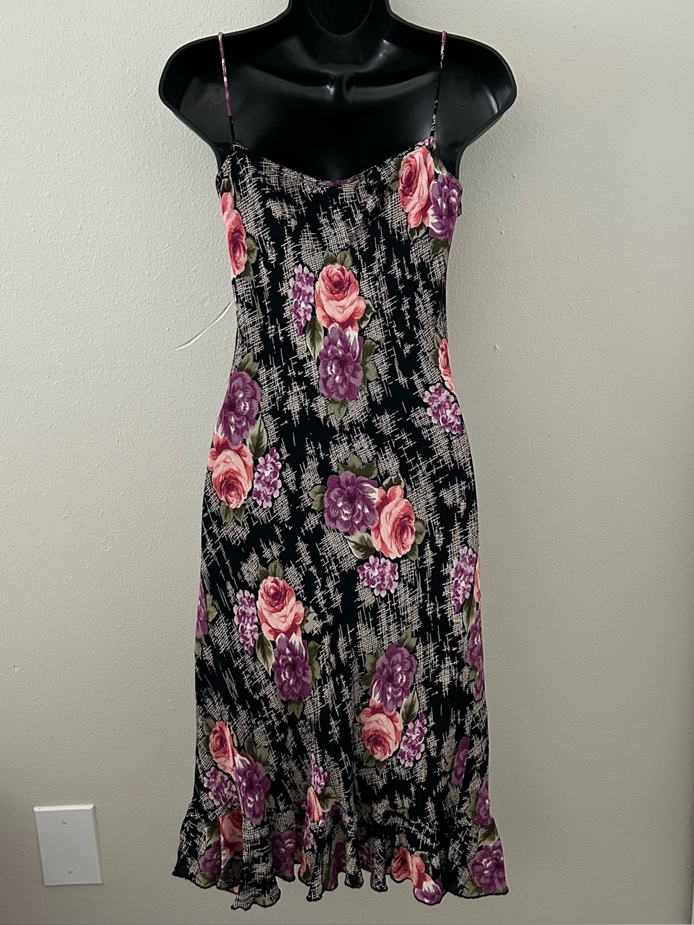 VTG 90s Floral Beaded Bias Cut Midi Slip Dress L Whimsigoth Fairy Grunge Roses - Picture 4 of 11